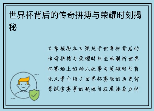 世界杯背后的传奇拼搏与荣耀时刻揭秘