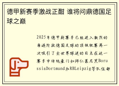 德甲新赛季激战正酣 谁将问鼎德国足球之巅