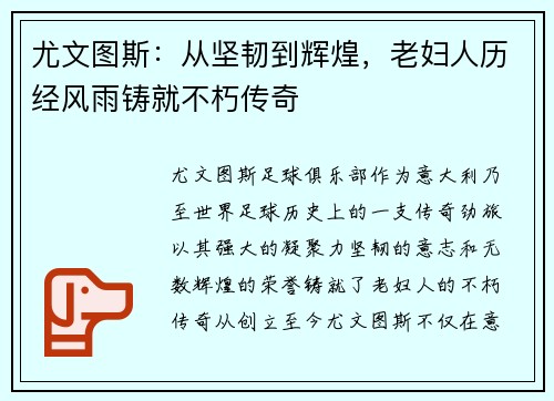 尤文图斯：从坚韧到辉煌，老妇人历经风雨铸就不朽传奇